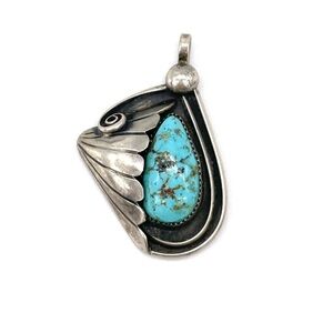 Vintage Navajo Sterling Silver Turquoise Feather Pendant Signed BMc Handmade